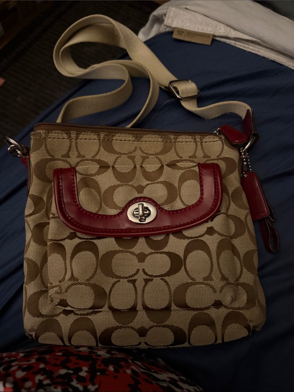 Coach Khaki Signature Canvas Crossbody with Red Leather Trim